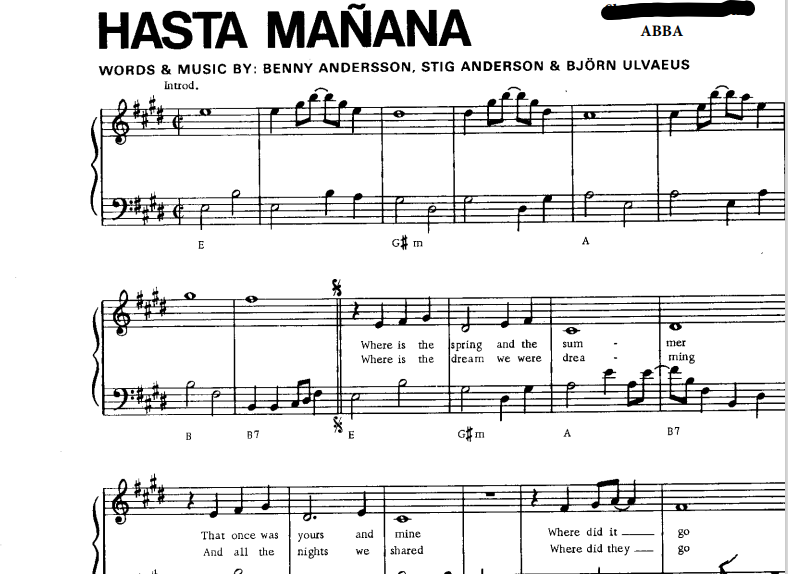 ABBA – Hasta Mañana Free Sheet Music PDF for Piano