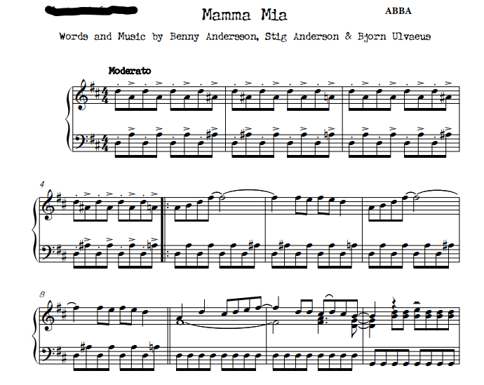 ABBA – Mamma Mia Free Sheet Music PDF for Piano