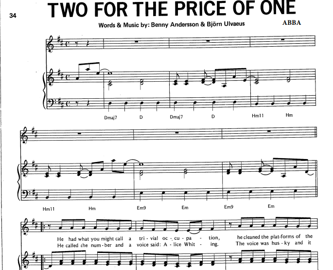 ABBA – Two For The Price Of One Free Sheet Music PDF for Piano
