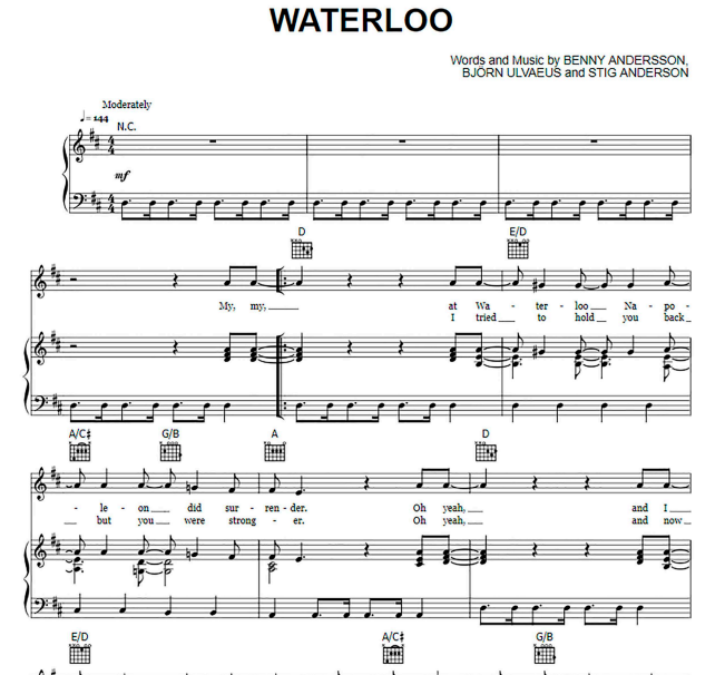 ABBA – Waterloo Free Sheet Music PDF for Piano