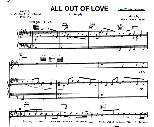 Air Supply – All Out Of Love Free Sheet Music PDF for Piano