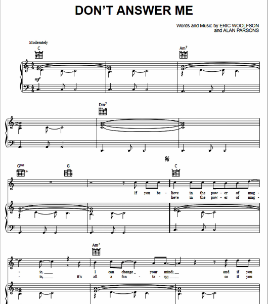 Alan Parsons Project Don’t Answer Me Free Sheet Music PDF for Piano