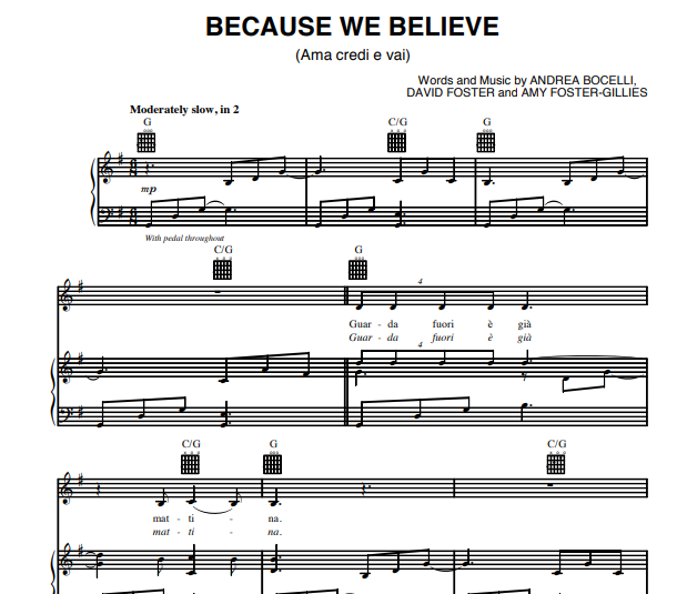 Andrea Bocelli – Because We Believe Free Sheet Music PDF for Piano