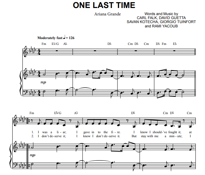 Ariana Grande – One Last Time Free Sheet Music PDF for Piano