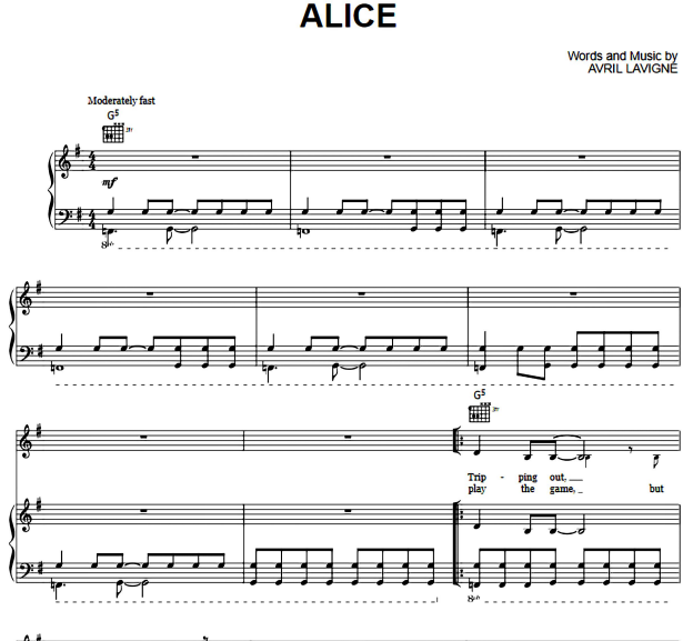 Avril Lavigne – Alice Free Sheet Music PDF for Piano