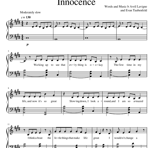 Avril Lavigne – Innocence Free Sheet Music PDF for Piano