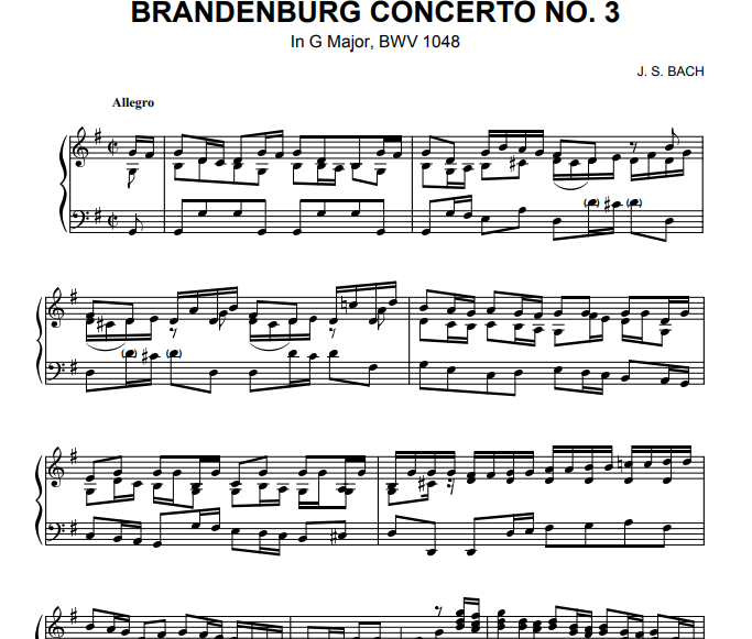 Bach – Brandenburg Concerto No 3 Free Sheet Music PDF for Piano