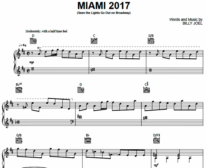 Billy Joel – Miami 2017 Free Sheet Music PDF for Piano