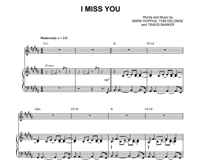 Blink-182 – I Miss You Free Sheet Music PDF for Piano