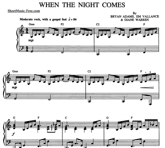 Bryan Adams – When The Night Comes Free Sheet Music PDF for Piano