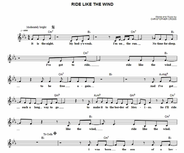 Christopher Cross – Ride Like The Wind Free Sheet Music PDF for Piano