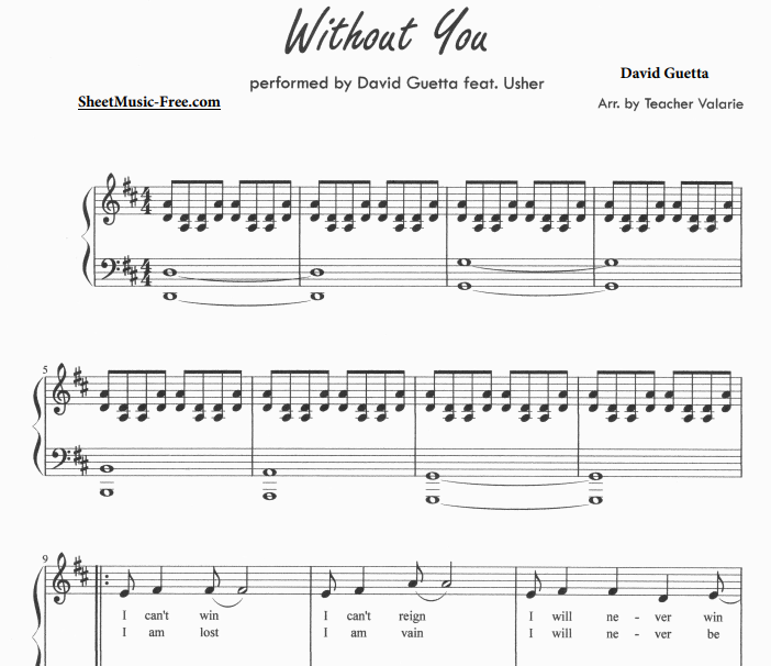 David Guetta feat Usher – Without You Free Sheet Music PDF for Piano