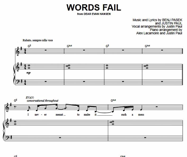 Dear Evan Hansen – Words Fail Free Sheet Music PDF for Piano
