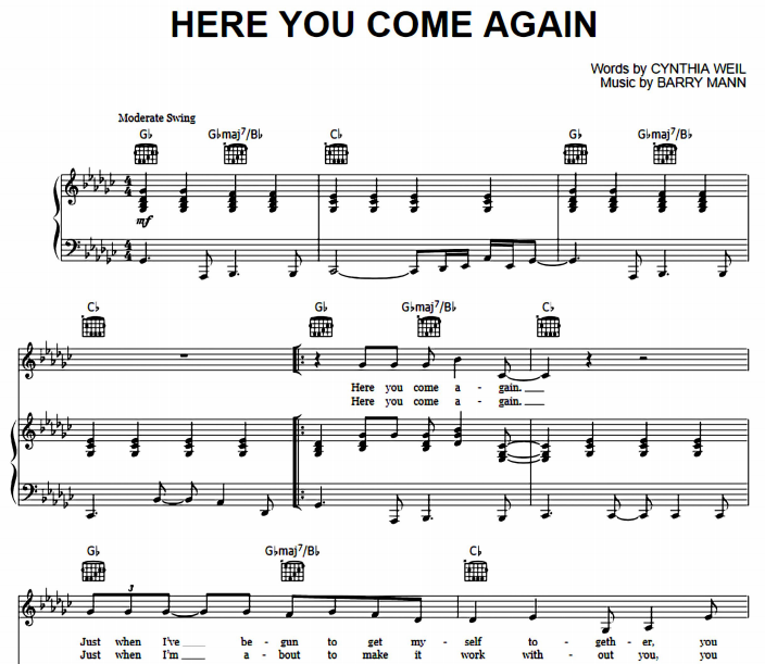 Dolly Parton – Here You Come Again Free Sheet Music PDF for Piano