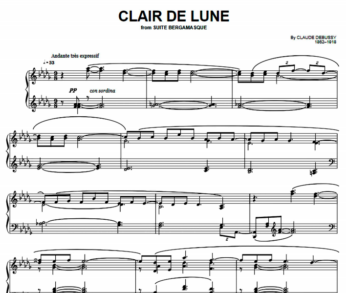 Lune ноты. Debussy Clair de Lune Ноты для фортепиано. Дебюсси Клер де Мун. Debussy Clair de Lune Ноты.