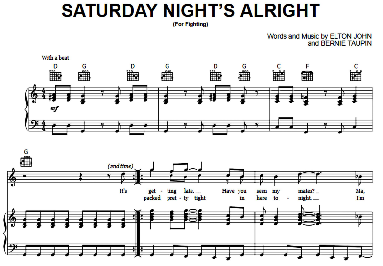 Saturday Night's Alright (For Fighting) Sheet Music, Elton John