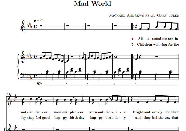 Mad World by Gary Jules Piano Sheet Music, Intermediate Level