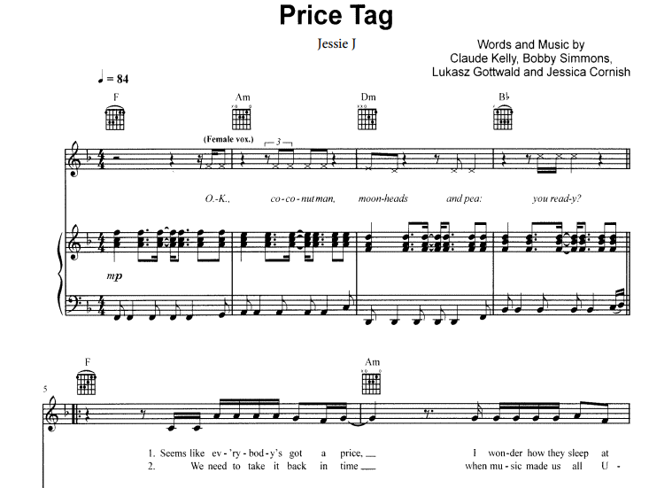 Jessie J-Price Tag Free Sheet Music PDF for Piano