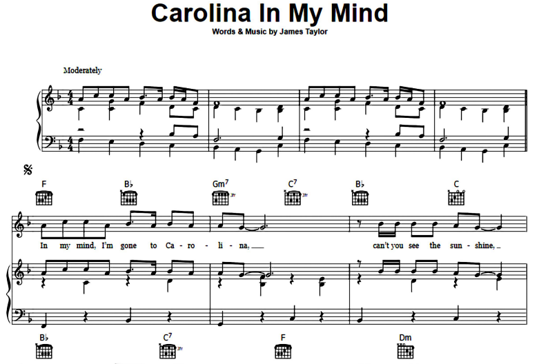 James Taylor-Carolina In My Mind Free Sheet Music PDF for Piano