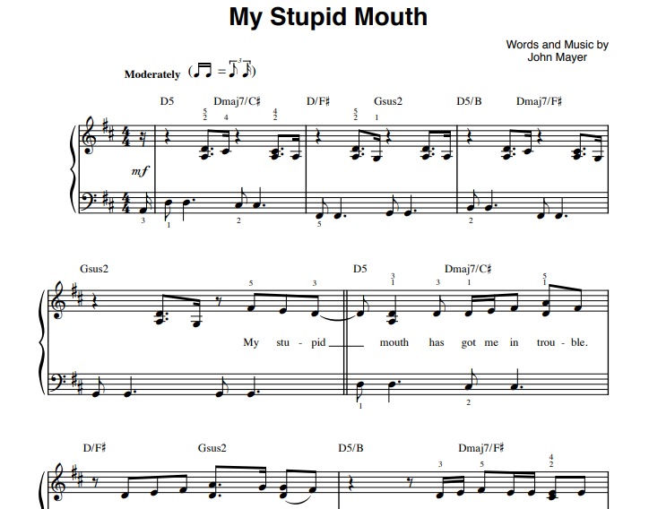 John Mayer-My Stupid Mouth Free Sheet Music PDF for Piano