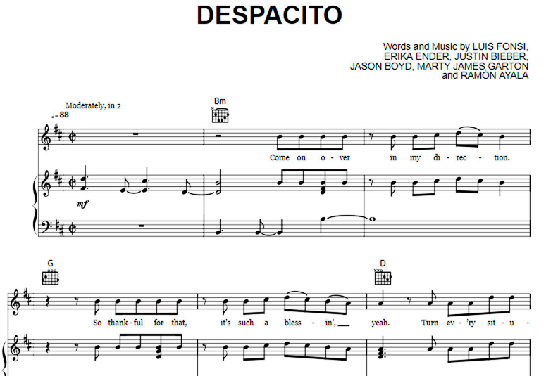 Justin Bieber-Despacito Free Sheet Music PDF for Piano
