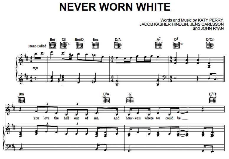 Katy Perry-Never Worn White Free Sheet Music PDF for Piano