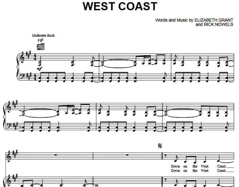 Lana Del Rey-West Coast Free Sheet Music PDF for Piano