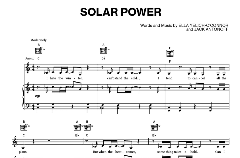 Lorde-Solar Power Free Sheet Music PDF for Piano