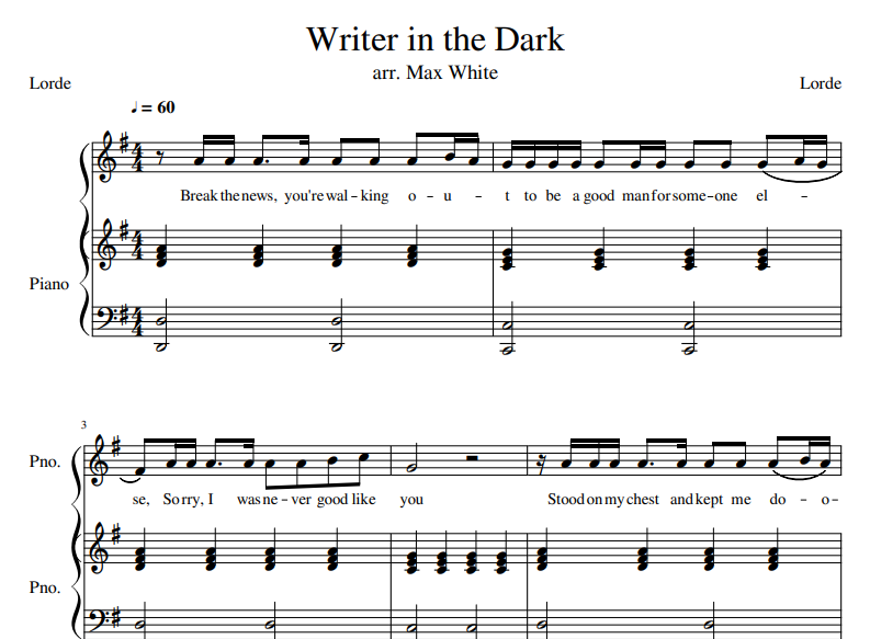 Lorde-Writer In The Dark Free Sheet Music PDF for Piano 1 Lorde-Writer In The Dark Free Sheet Music PDF for Piano