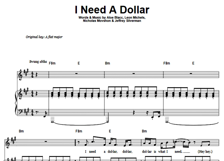 Aloe Blacc-I Need A Dollar Free Sheet Music PDF for Piano