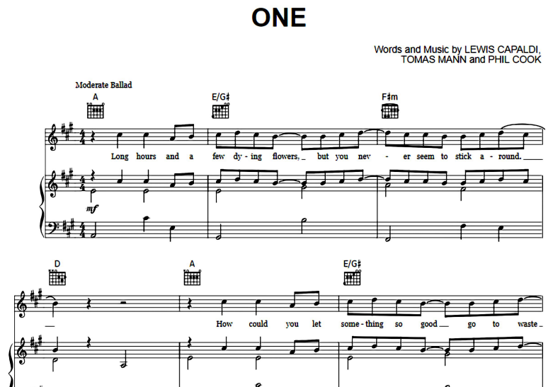 Lewis Capaldi-One Free Sheet Music PDF for Piano
