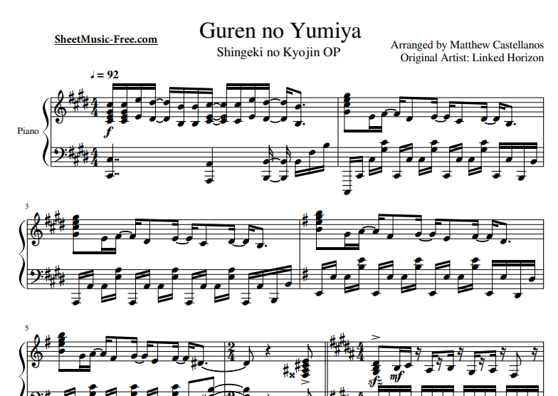 Linked Horizon-Guren No Yumiya Free Sheet Music PDF for Piano