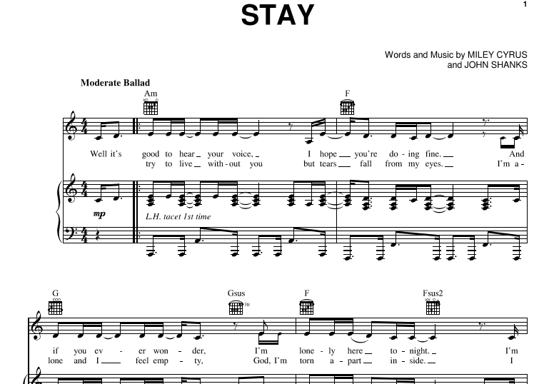 Miley Cyrus-Stay Free Sheet Music PDF for Piano