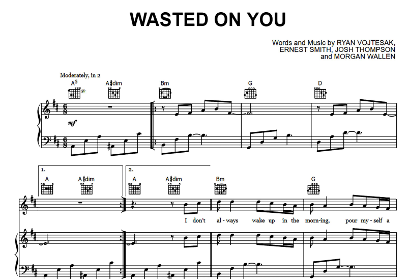 Morgan Wallen-Wasted On You Free Sheet Music PDF for Piano