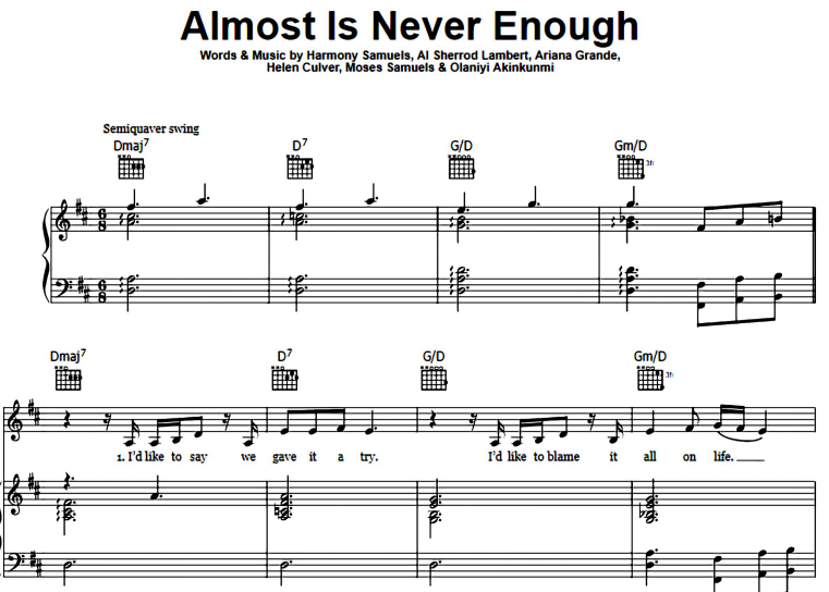 Nathan Sykes-Almost Is Never Enough Free Sheet Music PDF for Piano