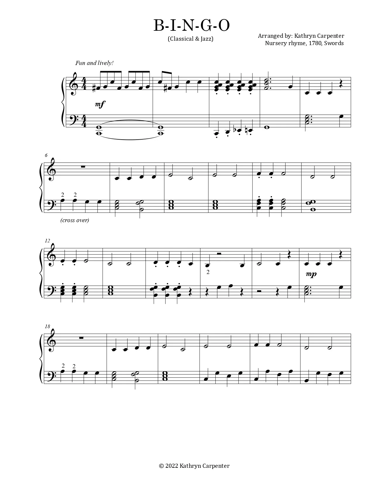 B-I-N-G-O Sheet Music for Piano (Bingo Original PDF Free)