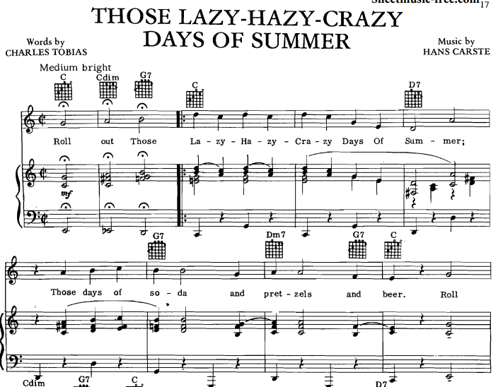 Nat King Cole-Those Lazy Hazy Crazy Days Of Summer Free Sheet Music PDF for Piano