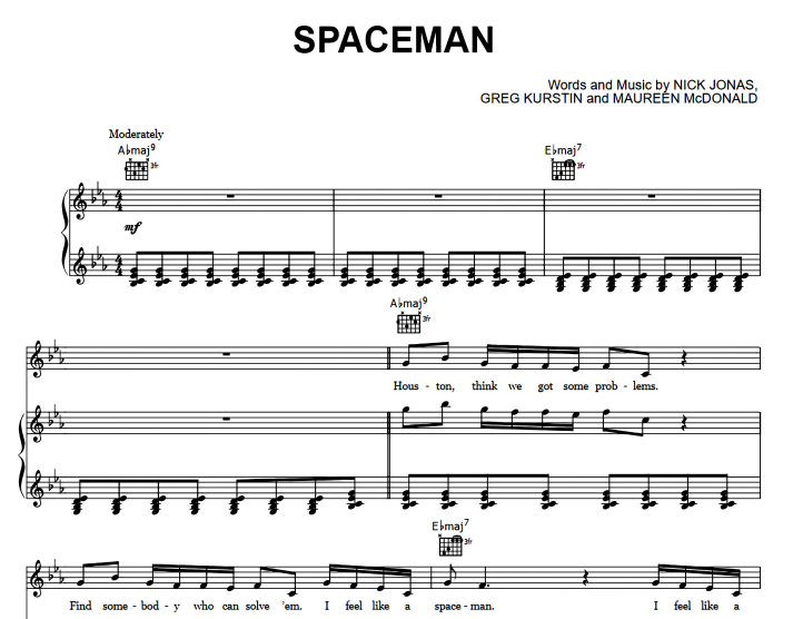 Nick Jonas-Spaceman Free Sheet Music PDF for Piano