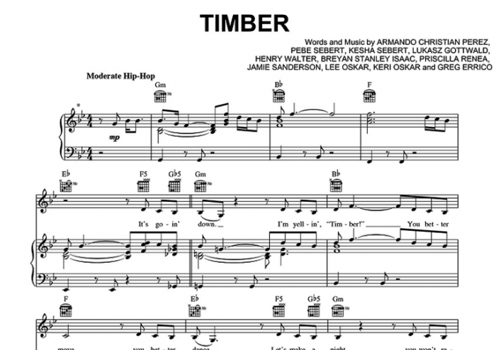 Pitbull-Timber Free Sheet Music PDF for Piano | The Piano Notes