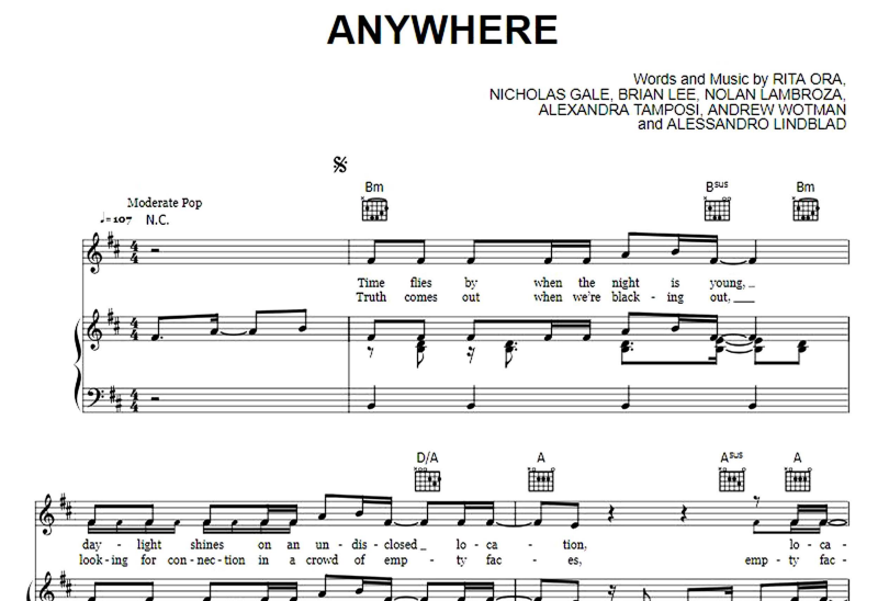 Rita Ora-Anywhere Free Sheet Music PDF for Piano