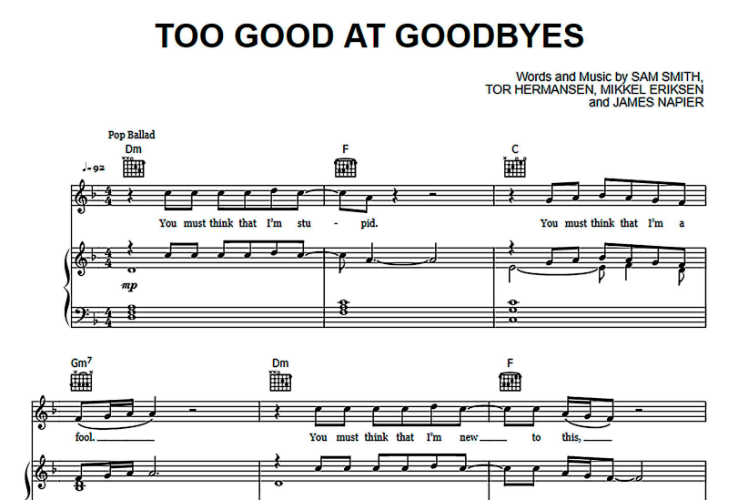 Sam Smith-Too Good At Goodbyes Free Sheet Music PDF for Piano