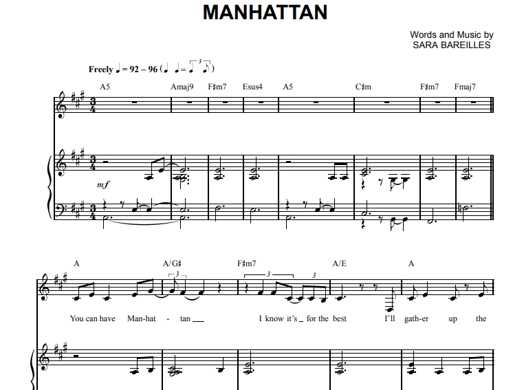 Sara Bareilles-Manhattan Free Sheet Music PDF for Piano