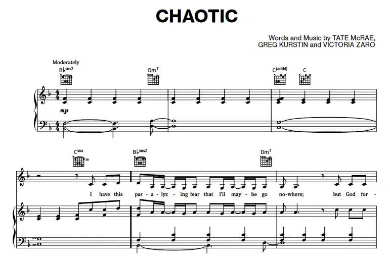 Tate McRae-Chaotic Free Sheet Music PDF for Piano
