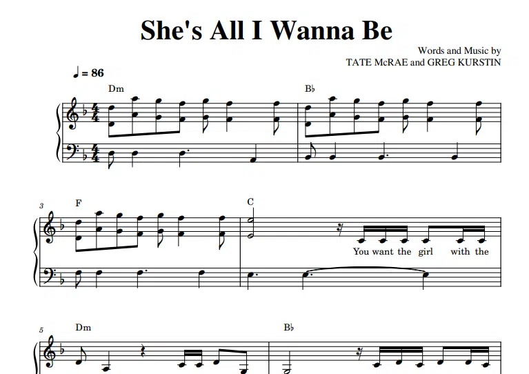 Tate McRae-She’s All I Wanna Be Free Sheet Music PDF for Piano