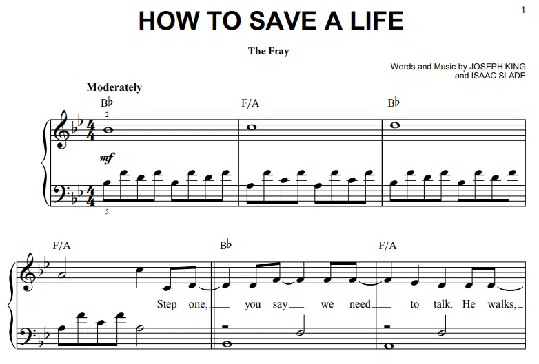 The Fray-How To Save A Life Free Sheet Music PDF for Piano