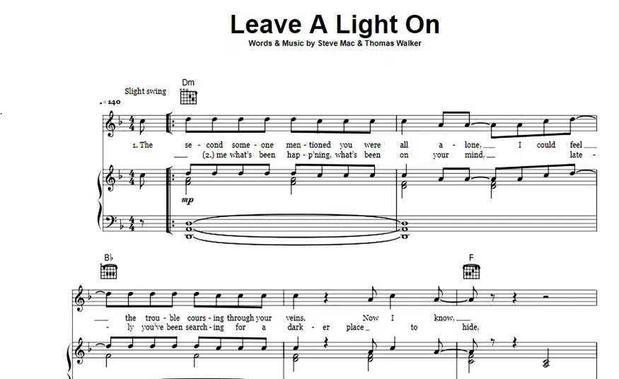Tom Walker-Leave A Light On Free Sheet Music PDF for Piano