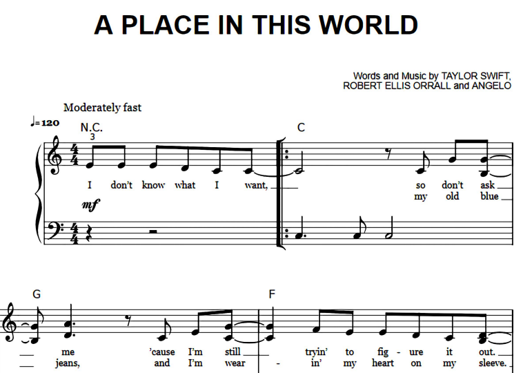 Taylor Swift-A Place In This World Free Sheet Music PDF for Piano 1 Taylor Swift-A Place In This World Free Sheet Music PDF for Piano