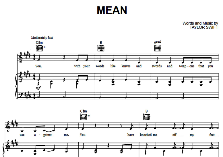 Taylor Swift-Mean Free Sheet Music PDF for Piano