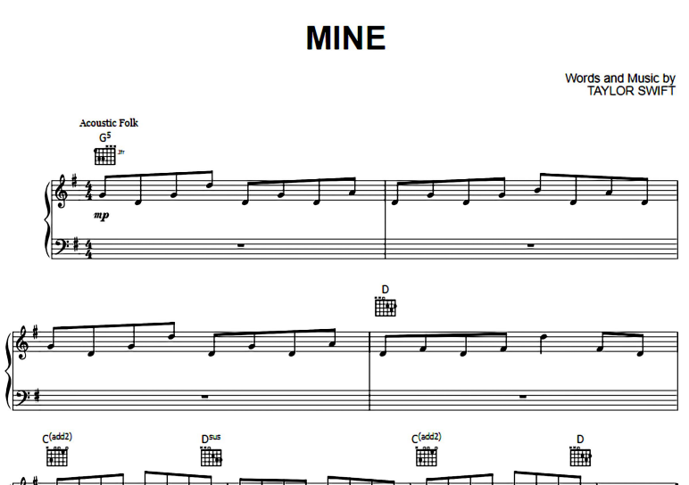 Taylor Swift-Mine Free Sheet Music PDF for Piano