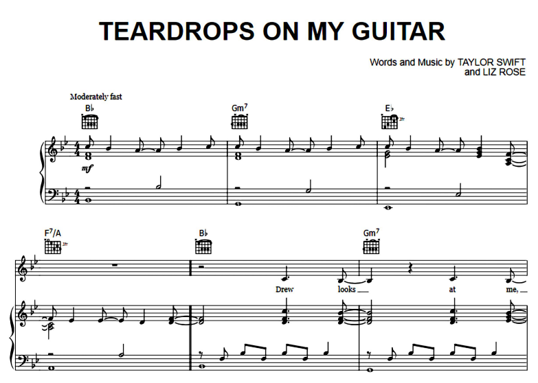 Taylor Swift-Teardrops On My Guitar Free Sheet Music PDF for Piano